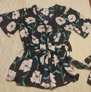 Floral Black and White Wrap Top